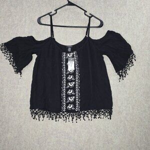 Rue21 Womens Off-Shoulder Embroidered Black Top With Fringe Hem Medium